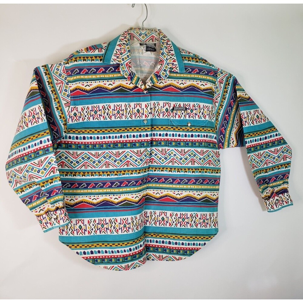 Vtg 80s Western Graphic Button Up Wms L Rough Rider Barrel Racer Pocket Heavy